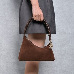 Classic Brown Suede Shoulder Bag with Braided Handle